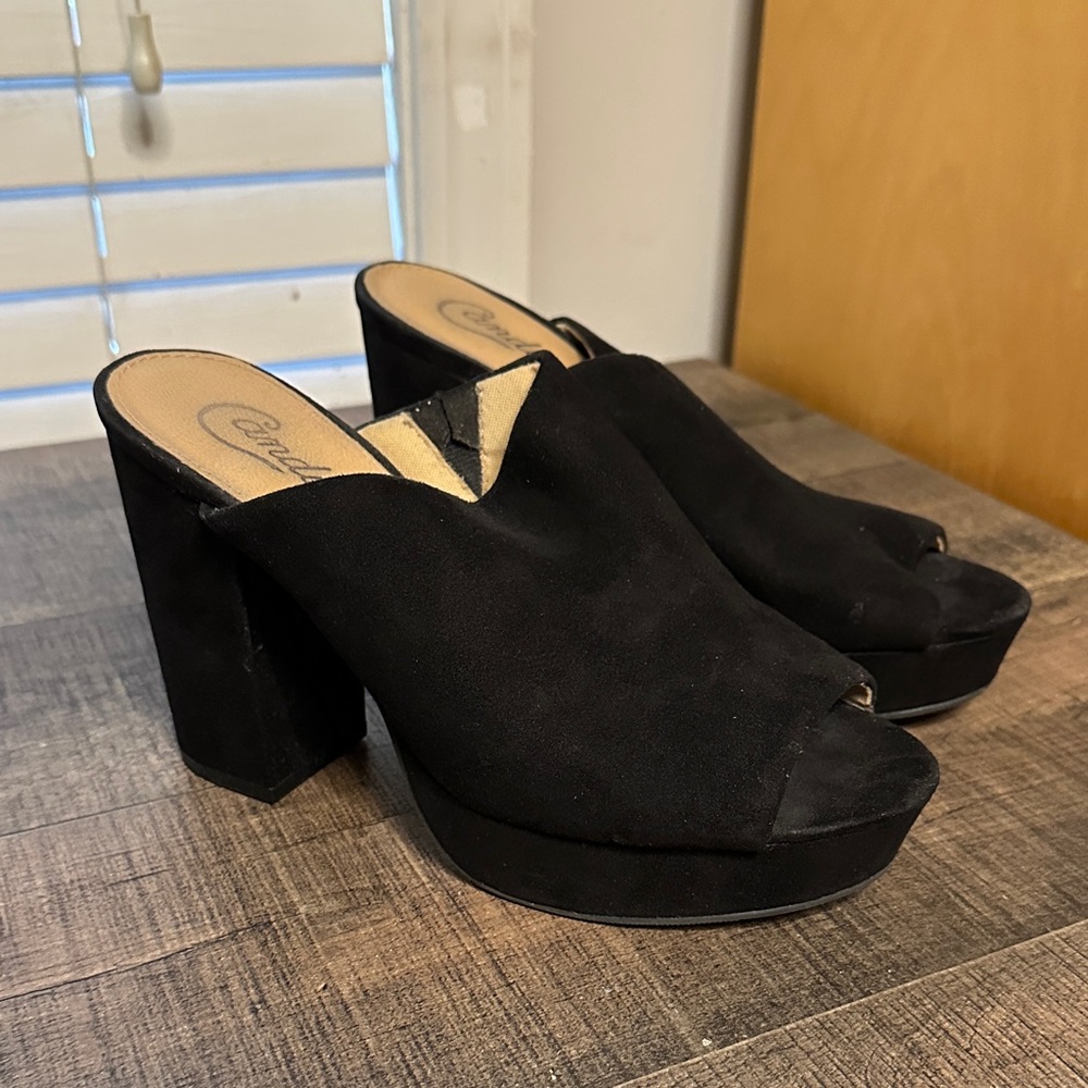 Candie's Black Suede Peep-Toe Mules